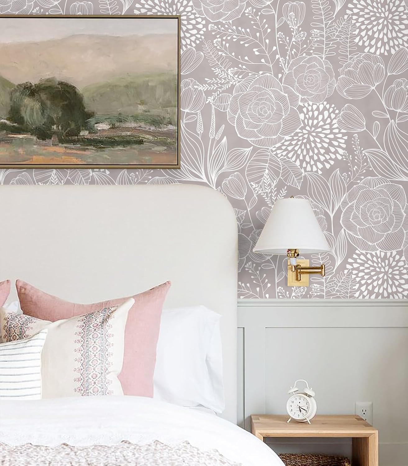 Wudnaye Grey and White Peel and Stick Wallpaper Floral Contact Paper 17" x 196.8" Boho Floral Self Adhesive Wallpaper for Bathroom Modern Neutral Removable Wall Paper for Cabinets Vinyl Decorative