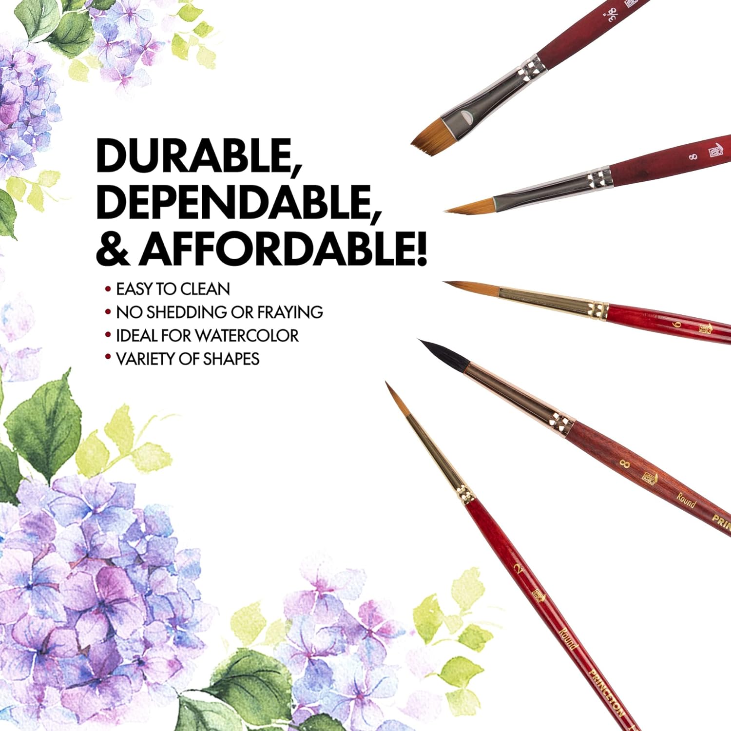 Princeton Artist Brush Co. Watercolor Floral Set - 5pc Short Handle Selection of Synthetic Watercolor Brushes - Petals Angle Shader and 3 Round Watercolor Paint Brushes for Floral Painting Techniques