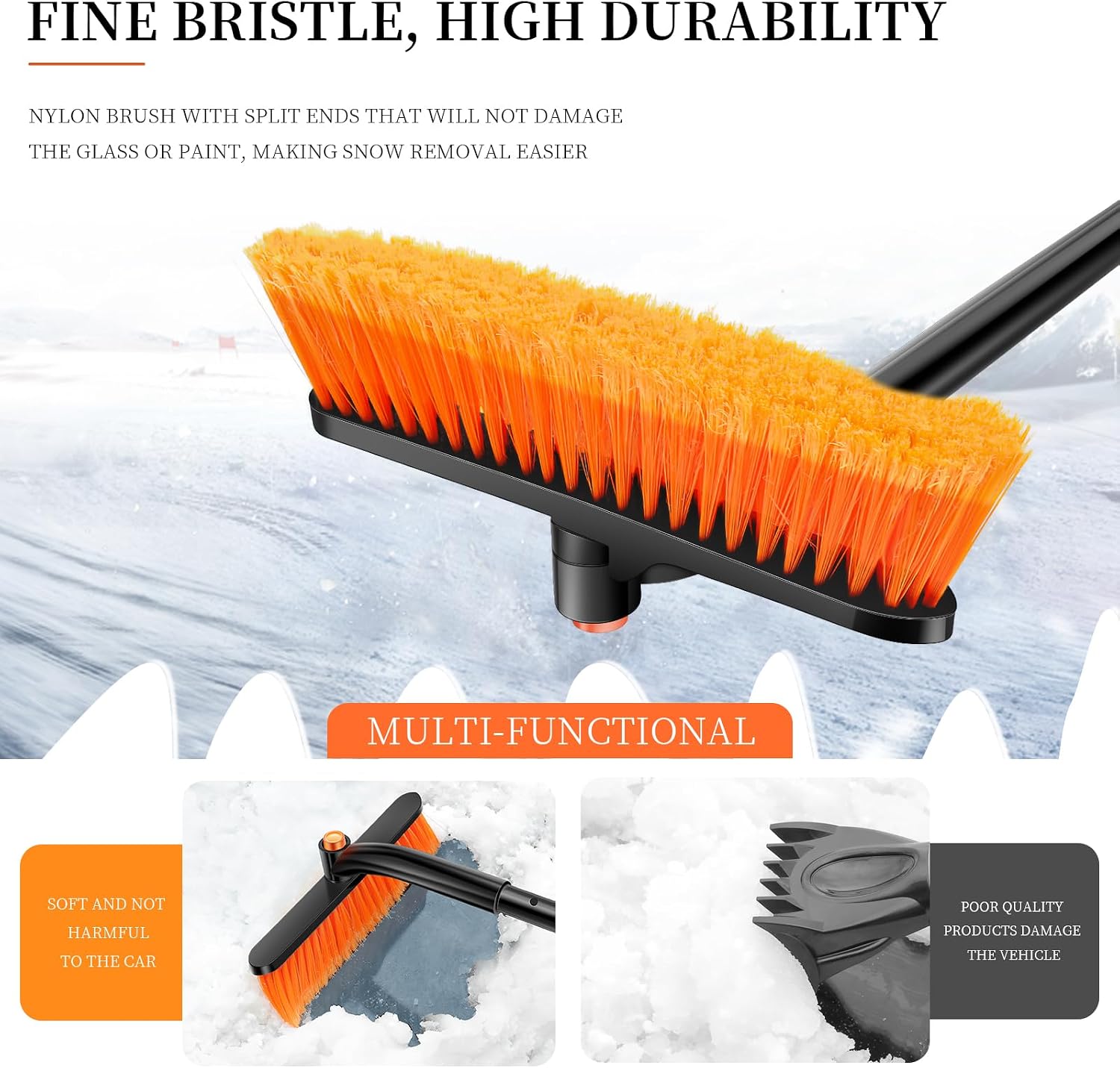 38.5in Ice Scraper with Extendable Snow Brush Detachable Snow Removal Tool 360° Pivoting Soft Bristle Head with Ergonomic Foam Grip for Car Windshield Truck SUV Vehicle Windows
