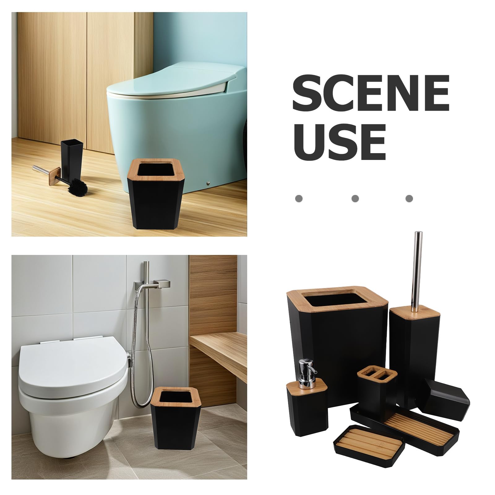 Cabilock Accessori da Bagno in Bambù e Nero Include Portaspazzolino Dispenser di Sapone e Vassoio per Organizzare e Decorare Bagni di Casa o Hotel