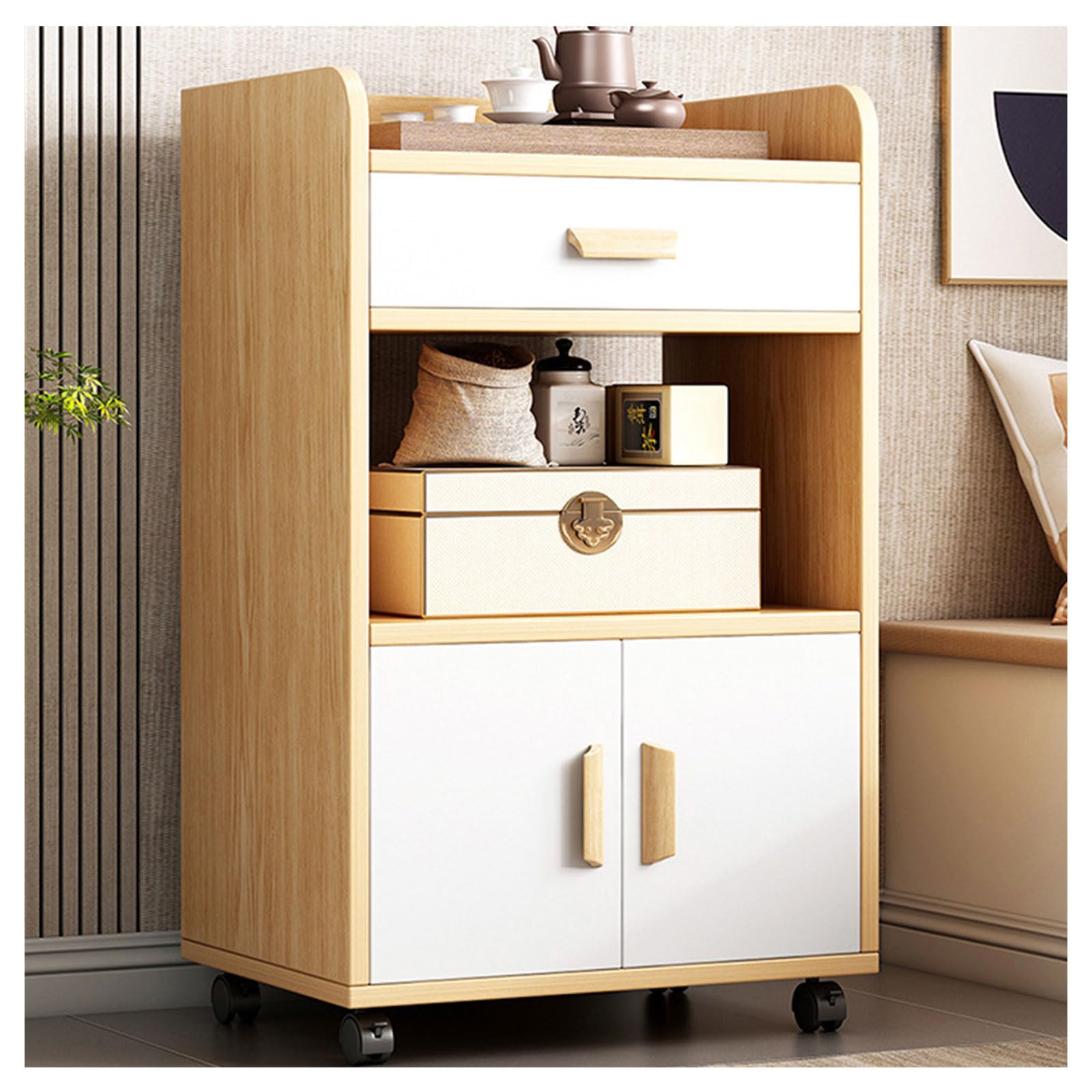 Dxcaicc Sideboard Storage Cabinet with Drawer and Open Shelves,Kitchen Pantry with Microwave Space with Wheels,Multifunctional Wood Shelving Unit,A