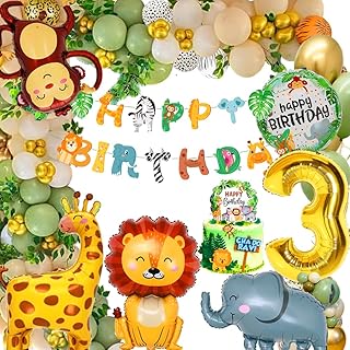 Décoration d'anniversaire de 3 ans, garçons, filles, jungle, safari, ballons de 3 ans, avec film d'animaux, bannière pour anniversaire d'enfant