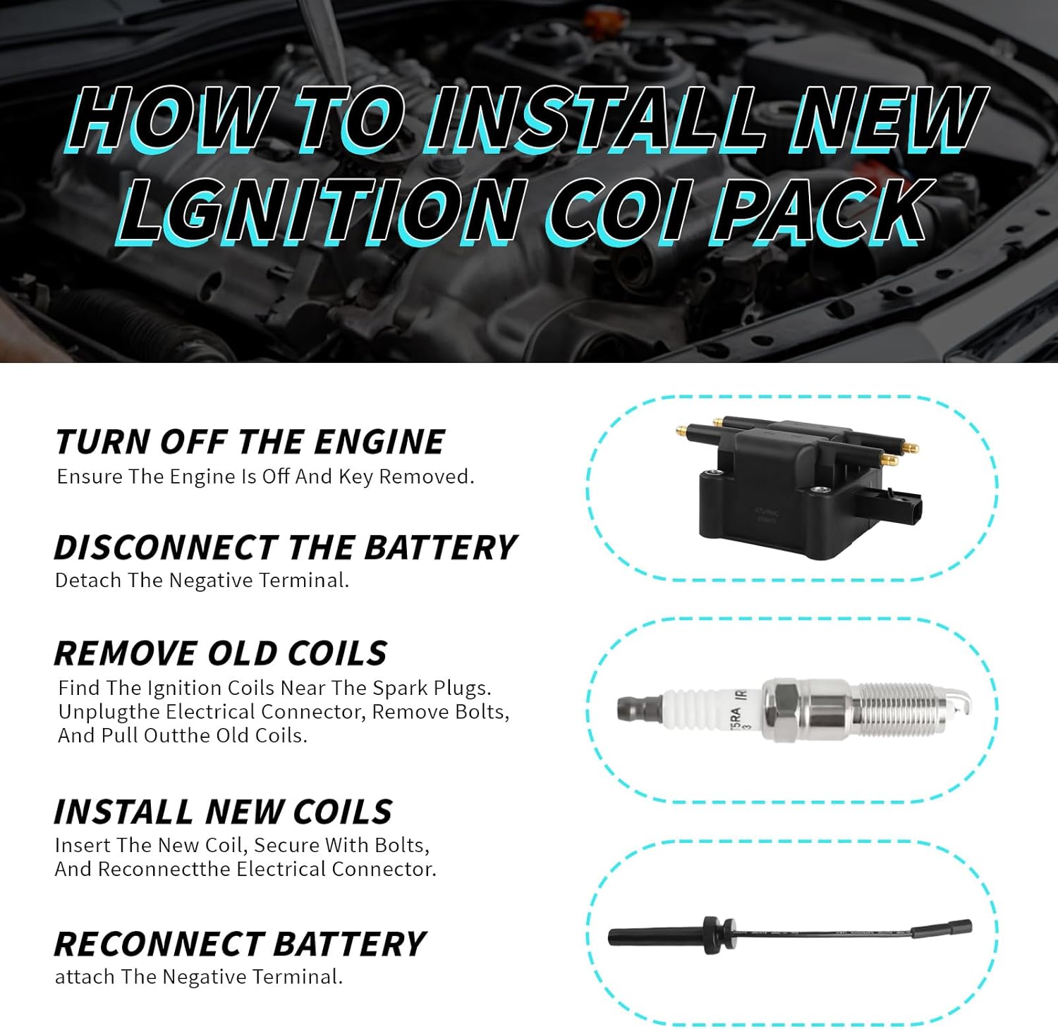 Set of 1 Ignition Coils Pack UF403 IC49 IC523 IC530 UF410 UF-189 with 4 Iridium Spark Plugs and Spark plug Wire Set Compatible with 2004 2005 2006 2007 2008 Dodge SX 2.0 2.0L Chrysler PT Cruiser 2.4L