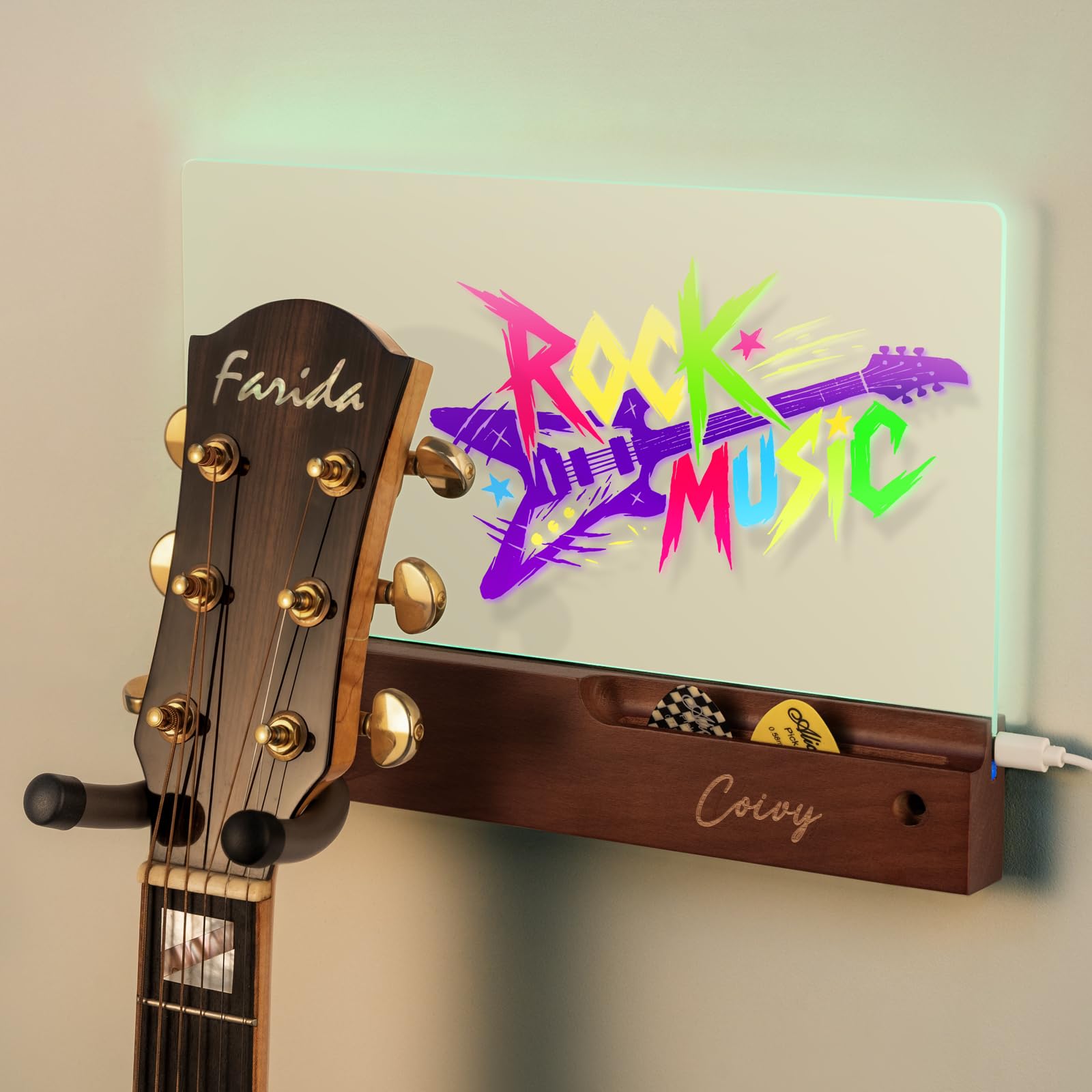 Soporte de pared para guitarra con tablero de dibujo LED RGB, para escribir con marcadores de 7 colores, madera de haya y gancho giratorio de hierro para guitarra acústica/eléctrica/bajo, regalo ideal