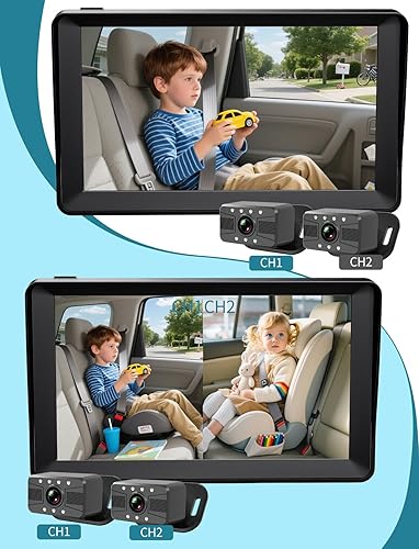 Miniatura 7 de Cámara de coche para bebé, pantalla dividida de 7 pulgadas con cámaras de doble asiento, visión nocturna, HD 1080P, alimentada por USB, fácil de