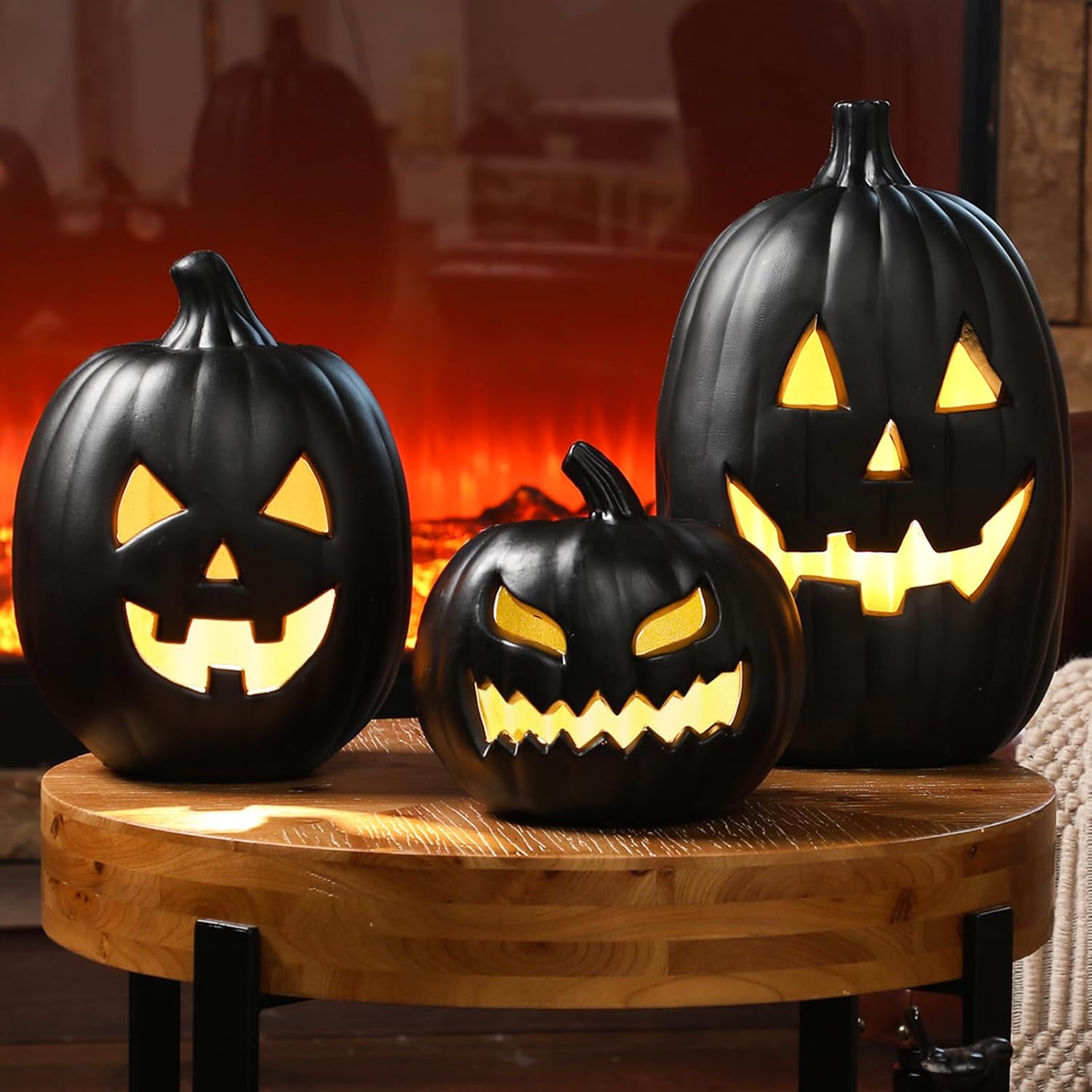 3 PCS Black Jack o Lantern Decoration, Halloween Plastic Vintage Pumpkin Decor with Light for Indoor & Outdoor - Holiday Party Fireplace Mantle Porch, Battery Not Include