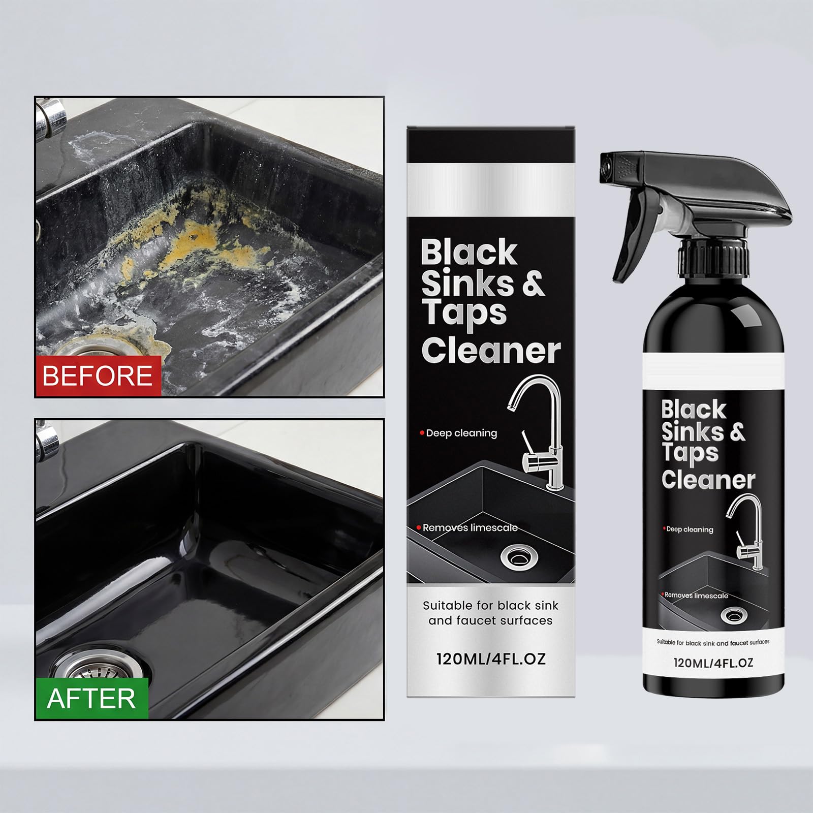 Black Sink Cleaner Spray - Detergente e ripristino per lavelli composite, rimuove calcare, macchie d'acqua e schiuma di sapone, per superfici in granito, quarzo, ceramica e lavello da cucina (5 pezzi)