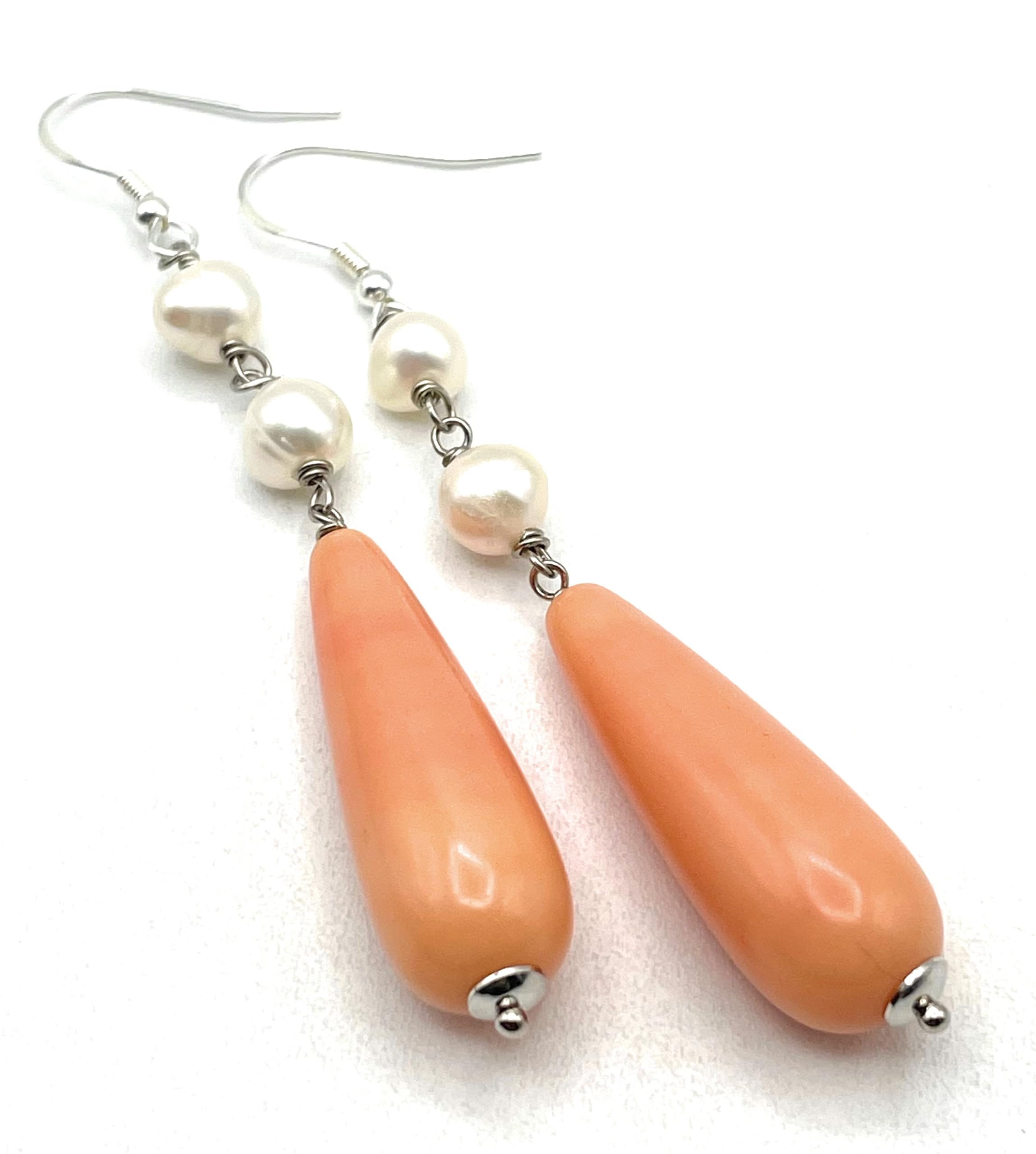 Boucles d'oreilles argent 925 perles d'eau douce blanches et gouttes corail rose - 8