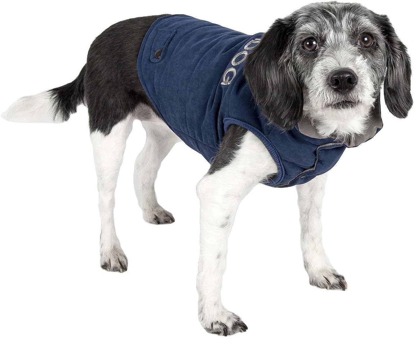 TOUCHDOG 'Waggin Swag' Fashion Designer Reversible 3M Insulated Pet Dog Coat Jacket, Small, Blue / Grey