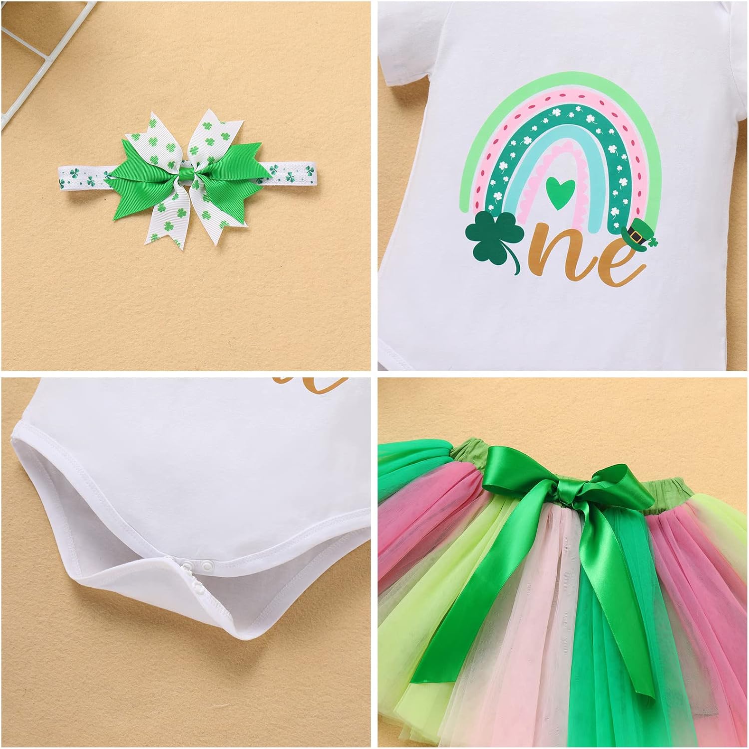 IMEKIS Baby Girl First St. Patricks Day Outfit Birthday Cake Smash Boho Rainbow Romper Leprechaun Skirt Headband Sets