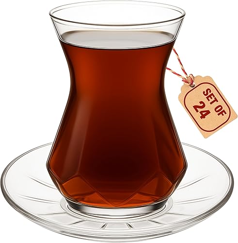 Miniatura 11 de Juego de 6 tazas y platillos de té de vidrio transparente de diseño especial (12 unidades), forma tradicional de cintura delgada, vidrio resistente