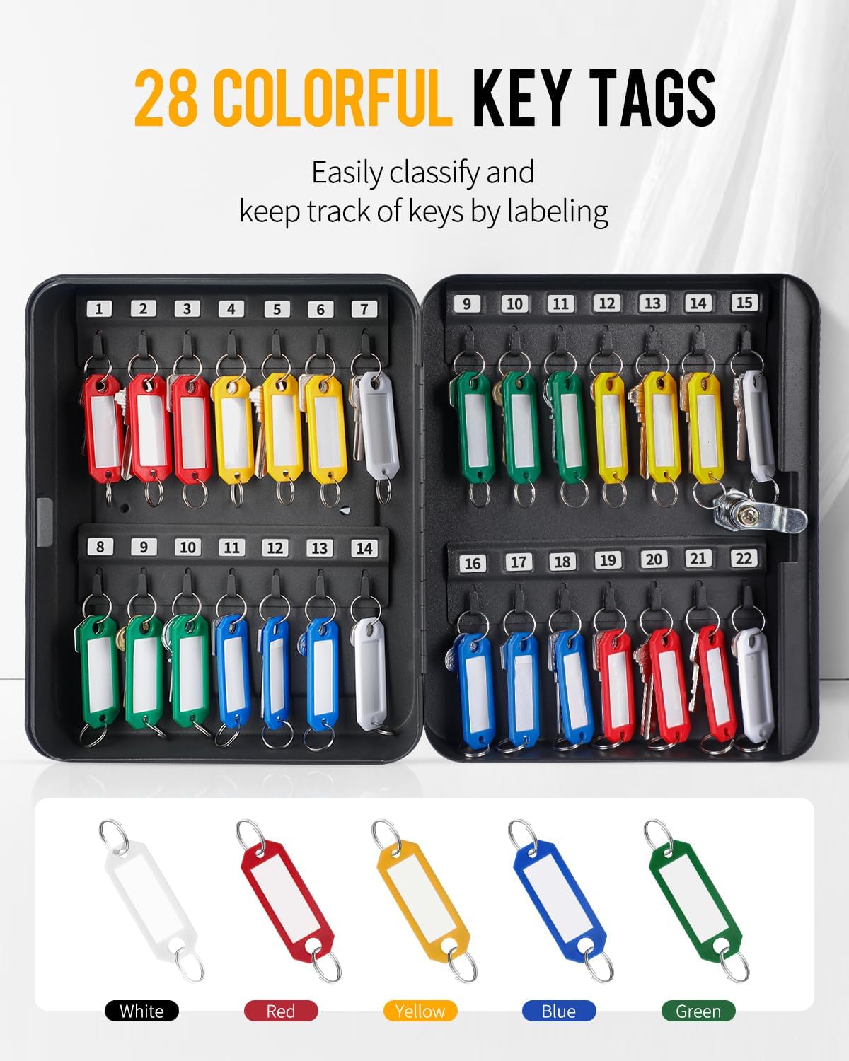 Uniclife Steel Key Cabinet Wall Mounted Organizer - 28 Keys, 2 Unlocking Keys - Black Frosted Security Box with Hooks and Color-Coded Labels