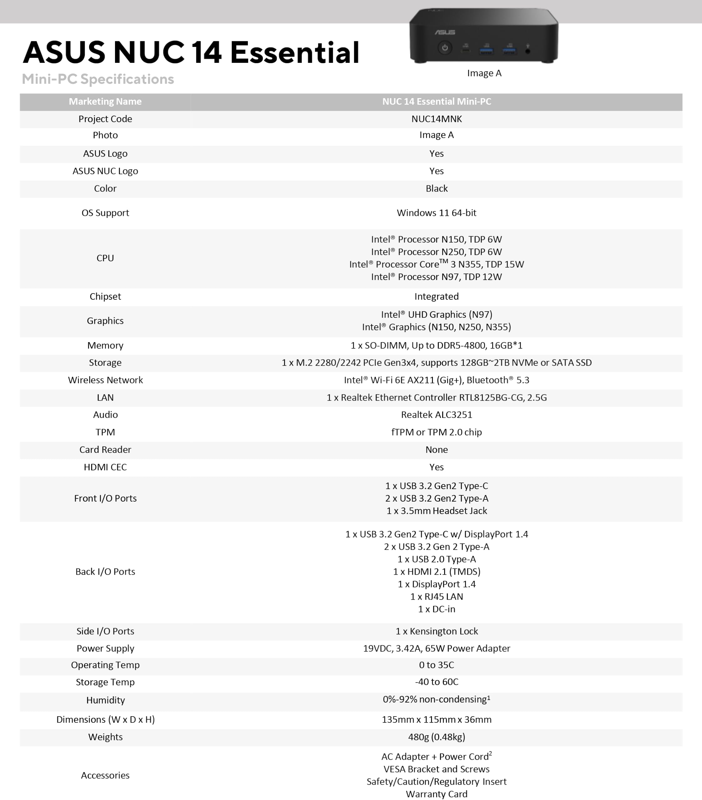 NUC 14 Pro NUC14MNK97 - Mini computer desktop/mini PC/HTPC di 14a generazione, processore Intel N97,6M di cache, fino a 3,60 GHz, scheda grafica Intel UHD (Barebone System)