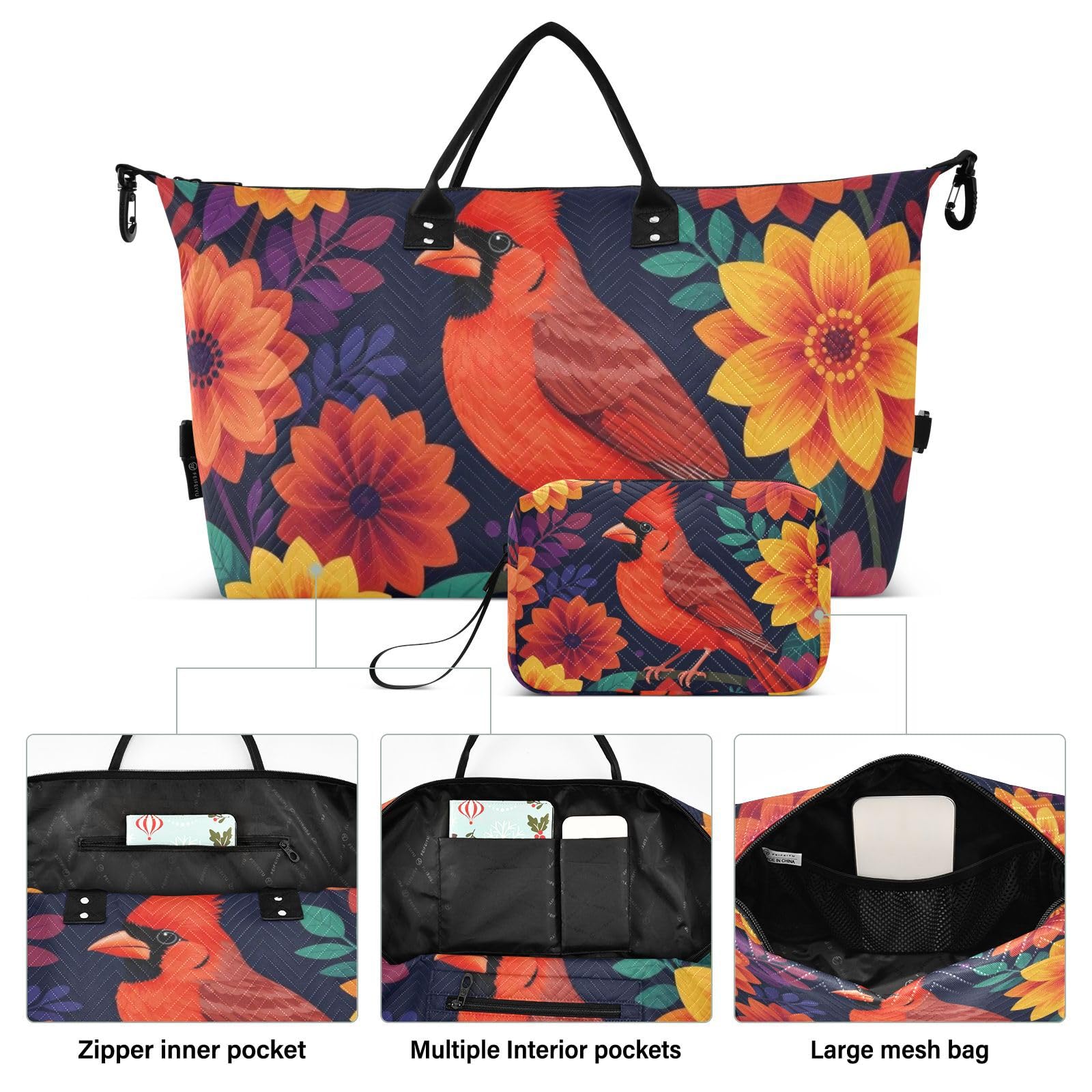 Reisetaschen-Set, zweiteilig, gesteppt, mehrere Taschen, stilvoll, kurze Reise, Floral Redbird, One Size, Klassisch