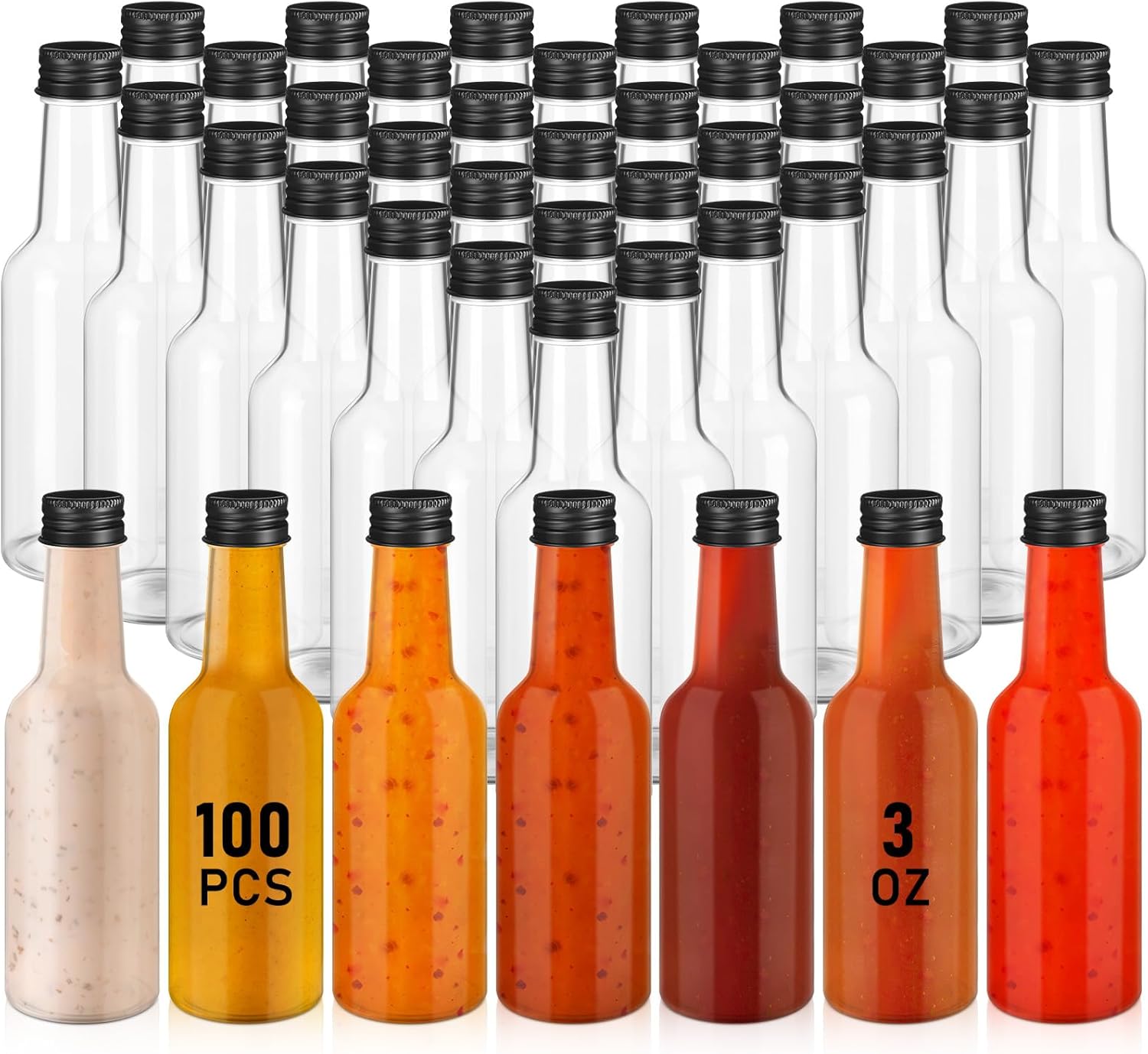 Zubebe 100 Pcs Hot Sauce Bottles Small Plastic Clear Woozy Bottles Empty with Leak Proof Black Screw Cap Mini Wine Liquor jars for Kitchen Sauce Salad Dressing Syrup Juice Whiskey(3 oz)
