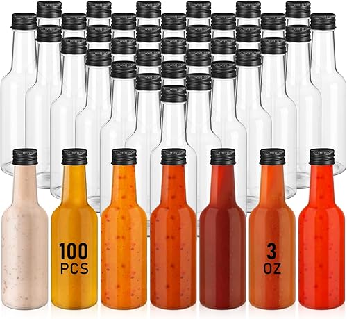 Miniatura 1 de 100 botellas de plástico para salsa picante, botellas de plástico transparentes, vacías con tapa de rosca negra, mini botellas de licor de vino para