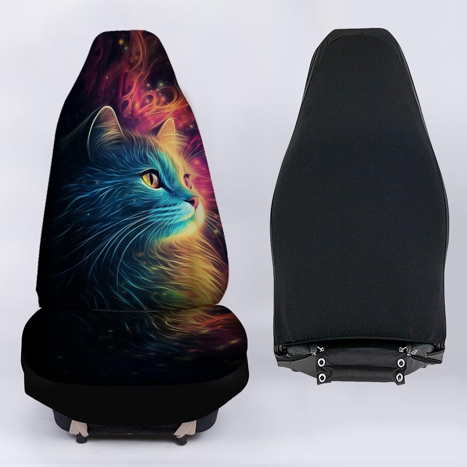 Waterproof Car Seat Covers for Front, 2 Pcs Blue Red Art Cat Print Universal Elastic Vehicle Seats Cushion Automotive Interior Protection Accessories for Women