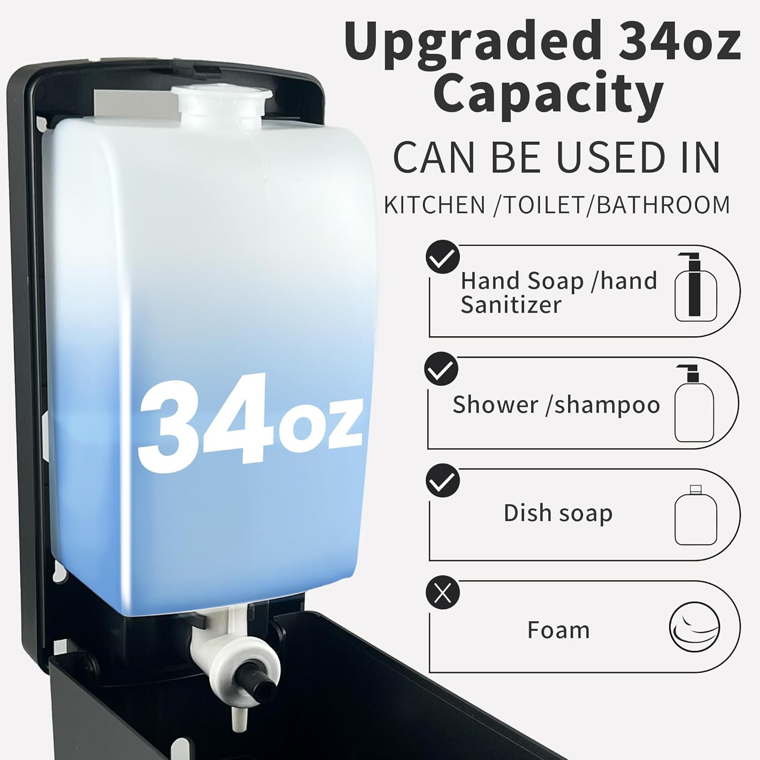 Commercial Soap Dispenser 33.8oz Wall Mount Hand Soap Dispenser for Kitchen & Bathroom with Visible Window & Funnel No-Drip Pump for Liquid Soap Shampoo Sanitizer – Drill or Adhesive Mount