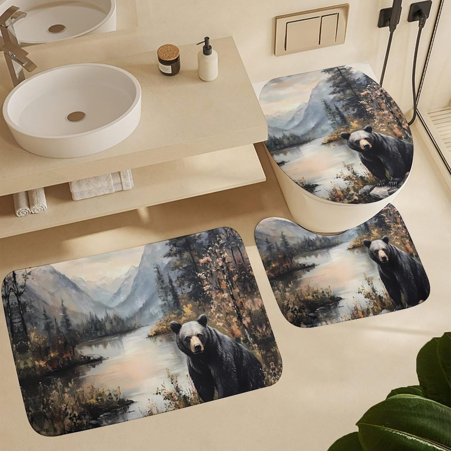 Black Bear Autumn Lakeside Bathroom Sets with Shower Curtain and Rugs 4 Piece with U-Shaped Floor Mat Toilet Lid Cover