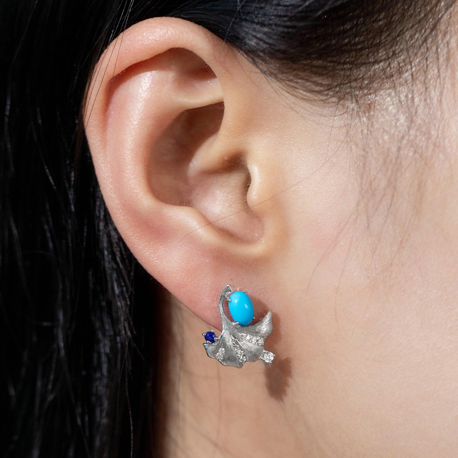 Ohrstecker Damen, 9/14/18K Weißgold Ohrringe Ginkgoblatt mit 1,09 ct Türkis und Saphir, Diamant