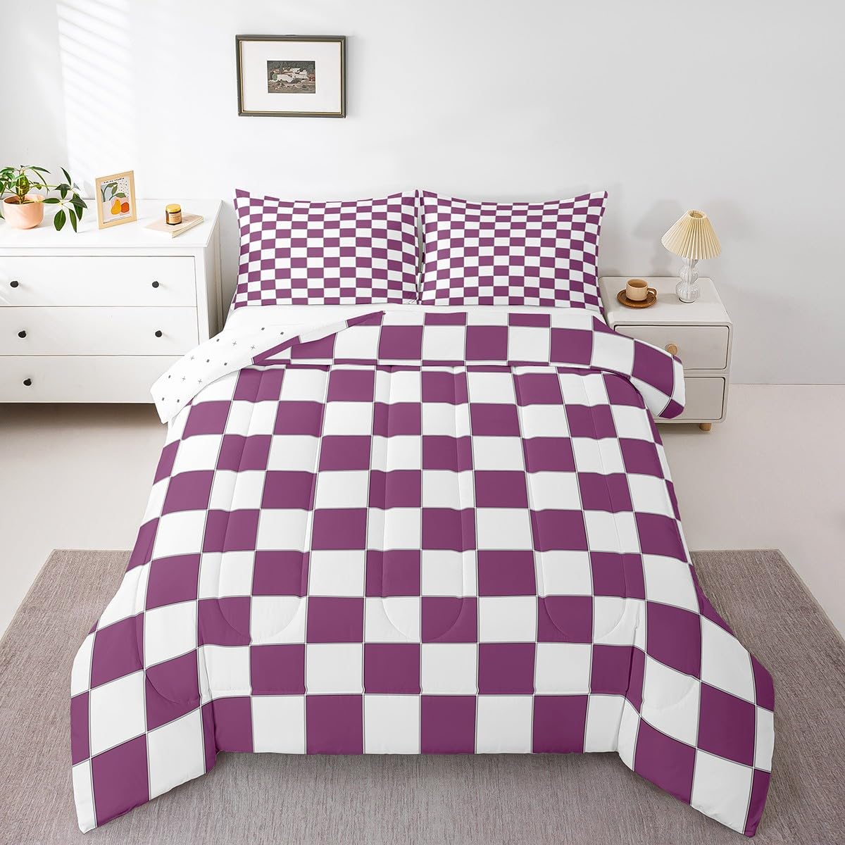 Erosebridal Girls Purple Checkered Bedding Set White Lavender Buffalo Plaid Grid Comforter Set King,Checkerboard Quilt Set for Kids Teen Women Geometrical Gingham Bed Set Modern Room Decor
