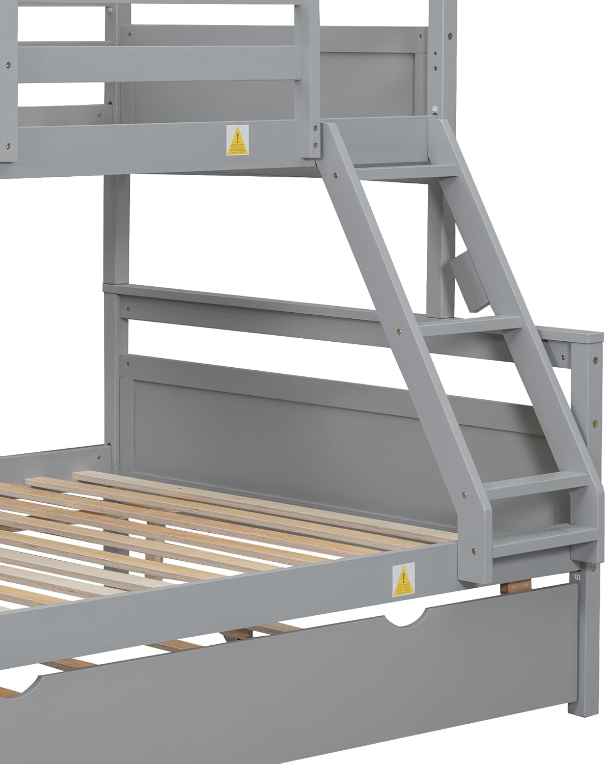 Twin Over Full Bunk Bed with with Trundle Bed Twin, High Guardrail, Headboard and Wide Ladder, Convertible to 2 Single Platform Bed, No Box Spring Needed, Twin over Full Bunk Bed for Kids, Teens, Gray