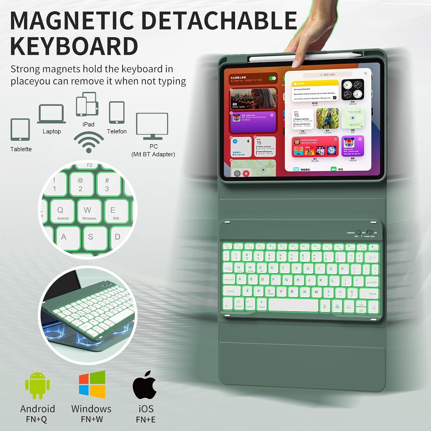 Backlit Keyboard Case for iPad A16 11th Gen 11"/10th 10.9", DarkGreen image 4