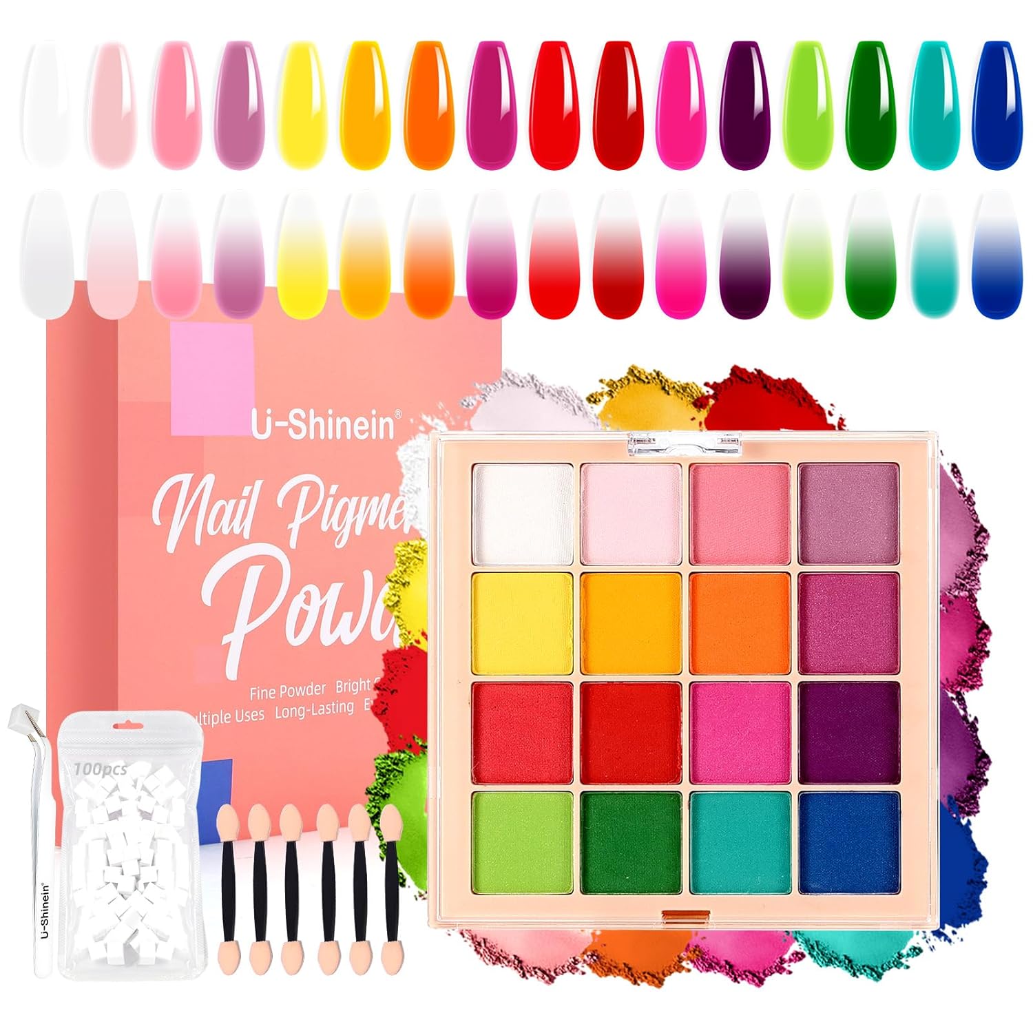U-Shinein Nail Pigment Powder Palette Set, 16 Colors Ombre Nail Powder Palette with 100pcs Sponges & Tweezers French Aura Nails Ombre Nail Brush Nail Long-lasting Manicure Art DIY Accessories