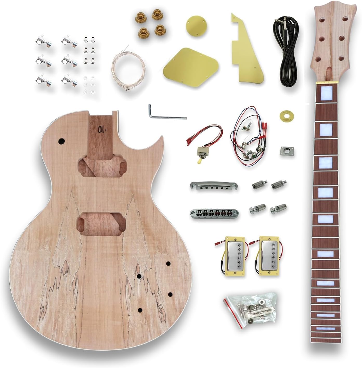DIY Electric Guitar Semi-Finished Kit, Map Texture Veneer Mahogany Body and 22 Fret Neck One Piece Set In Heel Rosewood Fingerboard, White Square Inlays, All Accessories Included (01)