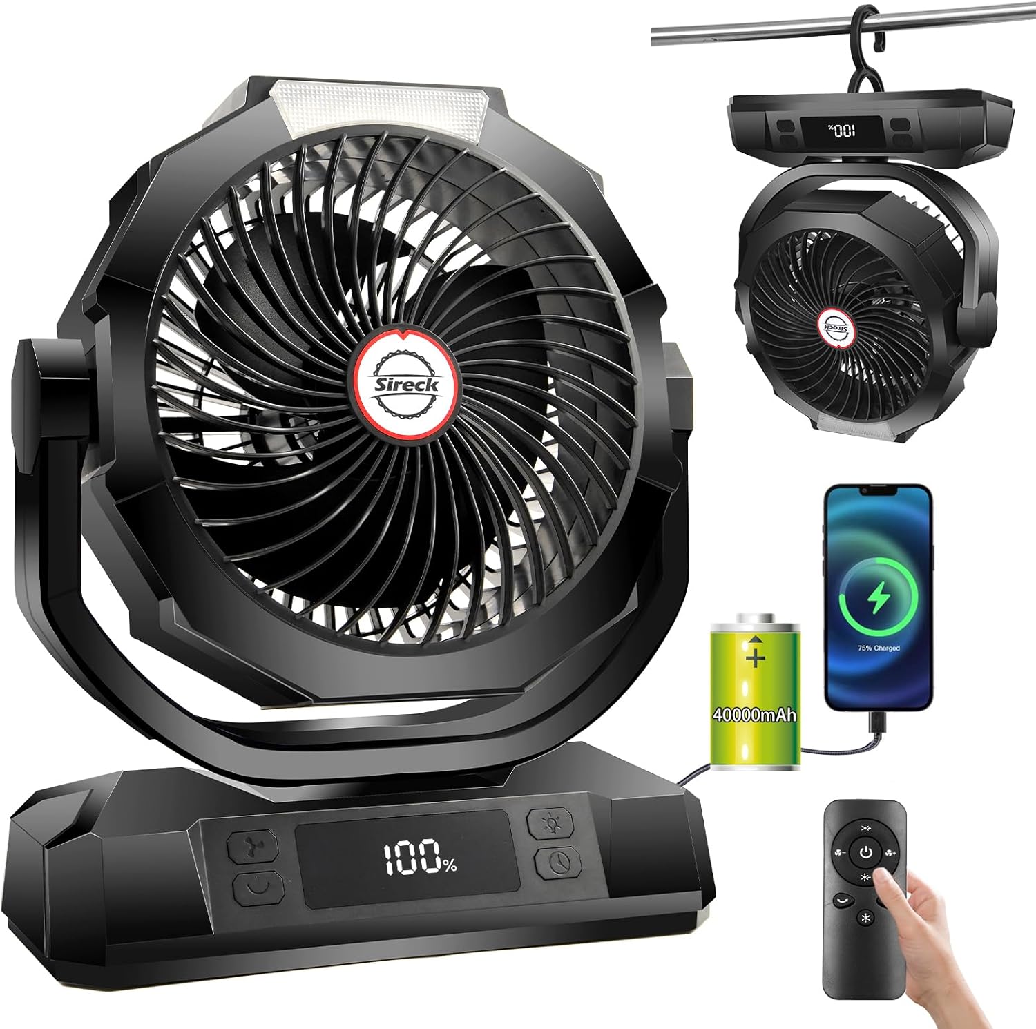 40000mAh Battery Powered Camping Fan,12-Inch Portable Personal Fan with Remote,LED Lantern, 6 Speeds,Timer,Auto Oscillation,Digital Display Cordless Tent Fan (Black)