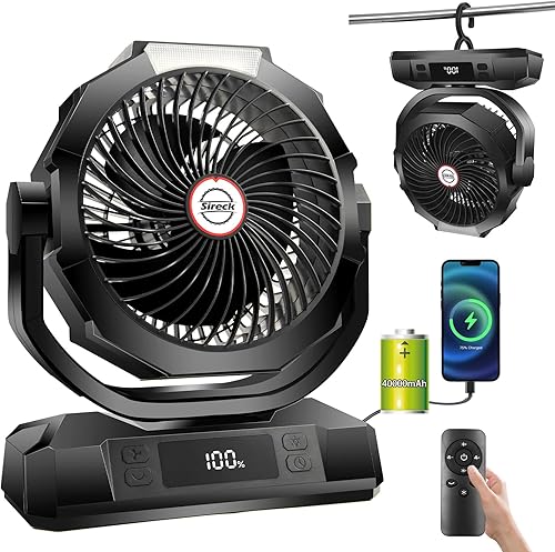 Ventilador de campamento alimentado por batería de 40000 mAh, ventilador personal portátil de 12 pulgadas con control remoto, linterna LED, 6