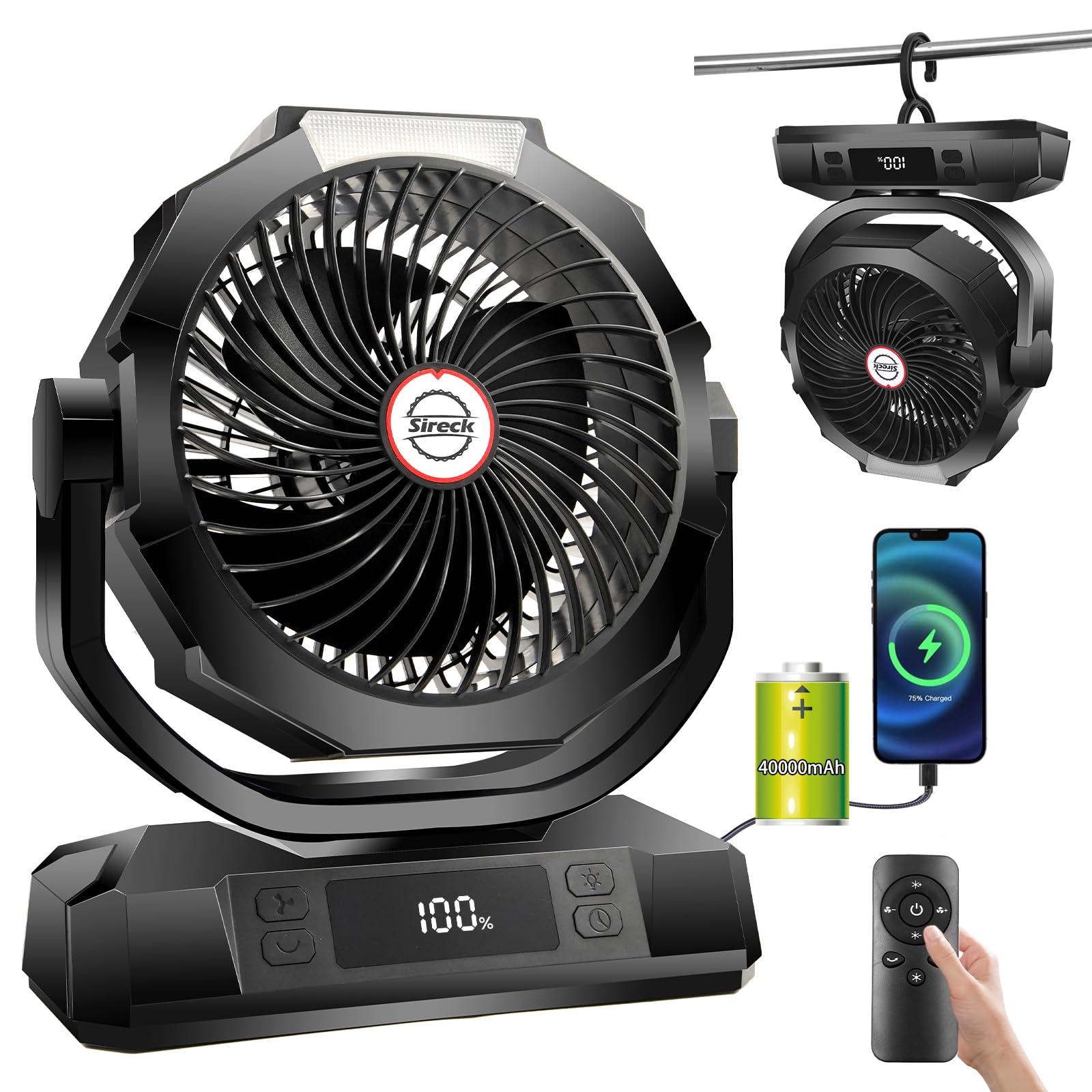 Photo 1 of Sireck 40000mAh Battery Powered Camping Fan,12-Inch Portable Personal Fan with Remote,LED Lantern, 6 Speeds,Timer,Auto Oscillation,Digital Display Cordless Tent Fan (Black)
