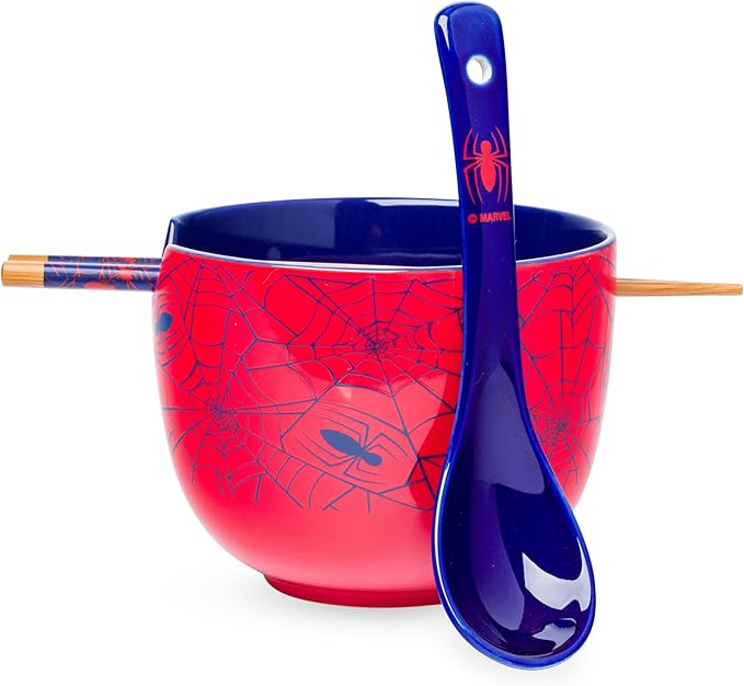 Silver Buffalo Marvel Avengers Spider-Man Ceramic Ramen Bowl with Chopsticks and Spoon
