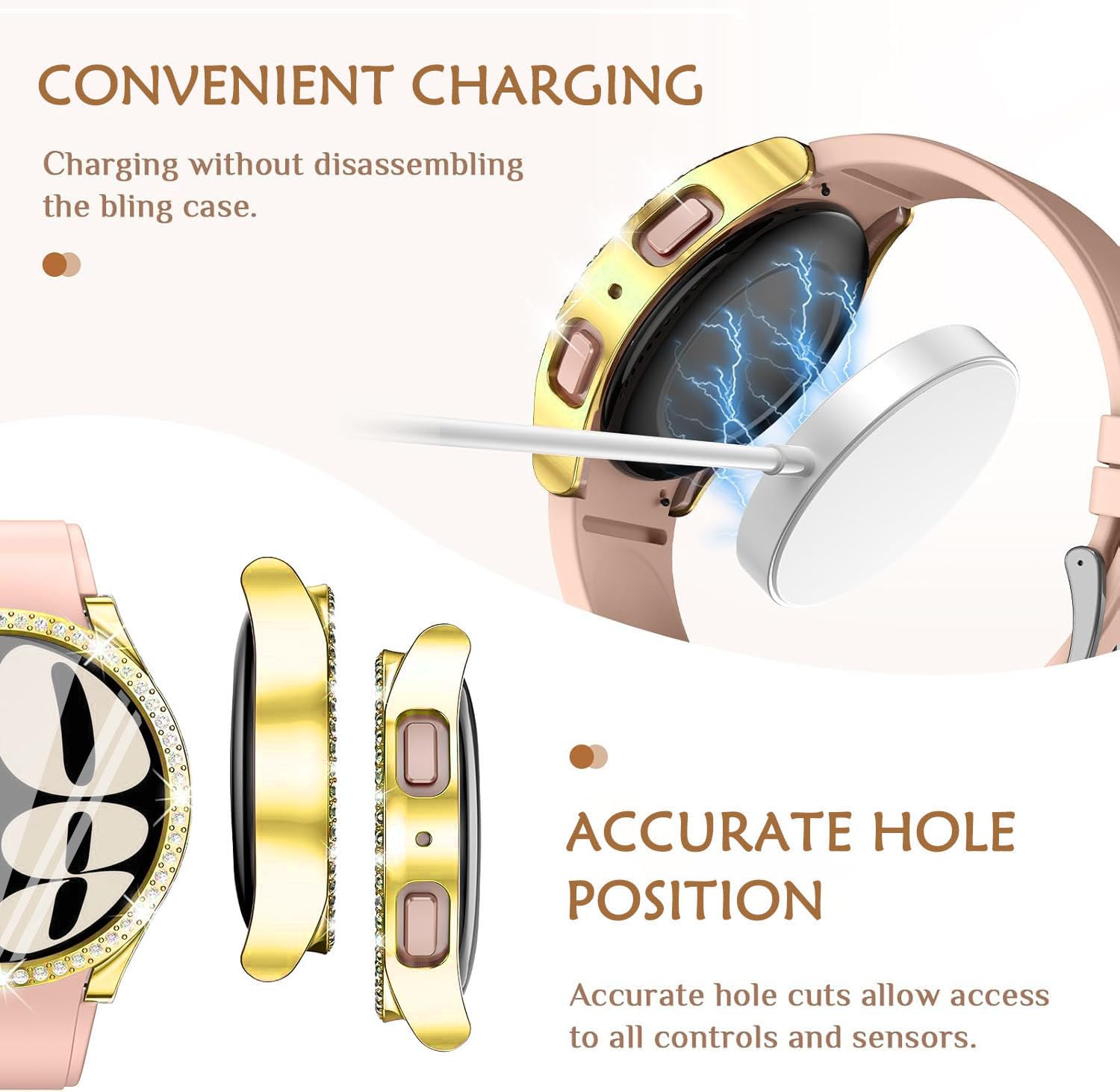 DEALELE [2-PACK] Case Compatible with Samsung Galaxy Watch 5/4 44mm, Bling Single-Row Diamond PC Protective Case Replacement Watch Cover Bumper (44mm, Gold+Transparent) — view 197