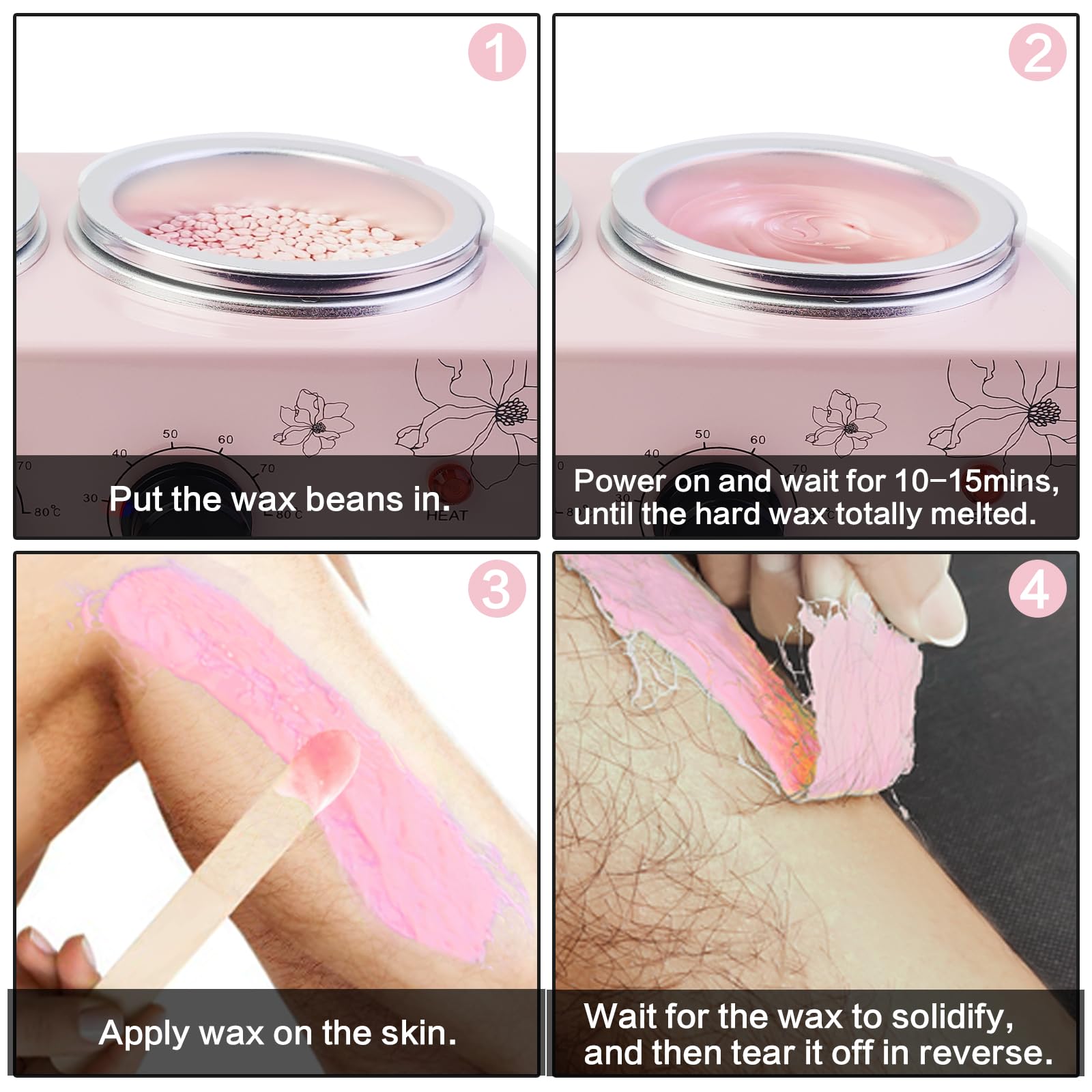 Chauffe-cire portable avec température réglable et 40 bâtons de cire - Épilation indolore pour homme et femme (rose - double pots)