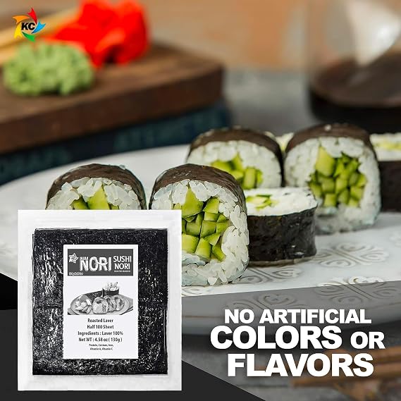 Kimnori Sushi Nori - 100 Half Cut Size for Sushi, or Kimbap, Roasted Seaweed Sheets, Natural Laver, Resealable Bag, 130g, 4.58oz