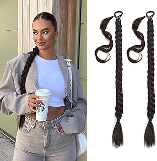 2 Packs 24 Inch Braided Ponytail Extension for Black Women Soft Synthetic Hair Piece For Women with Hair Tie Straight Wrap Around Ponytail pre Stretched (Brown, 24 Inch (Pack of 2))
