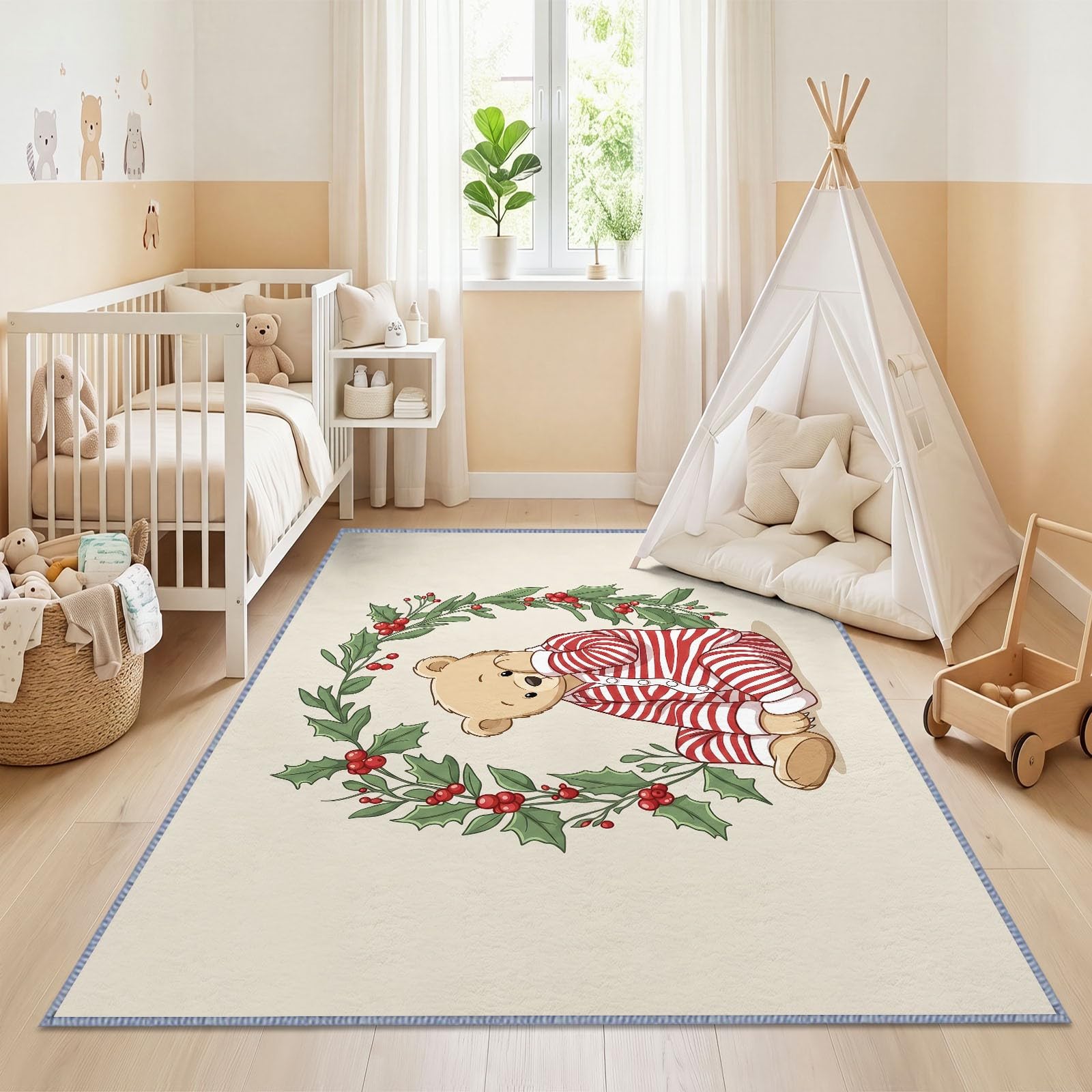 Cartoon Waschbarer Teppich 80 x 150 cm, Wohnzimmer Weihnachten Tier Teddybär rutschfest Weich Teppich für Schlafzimmer, Esszimmer, Büro