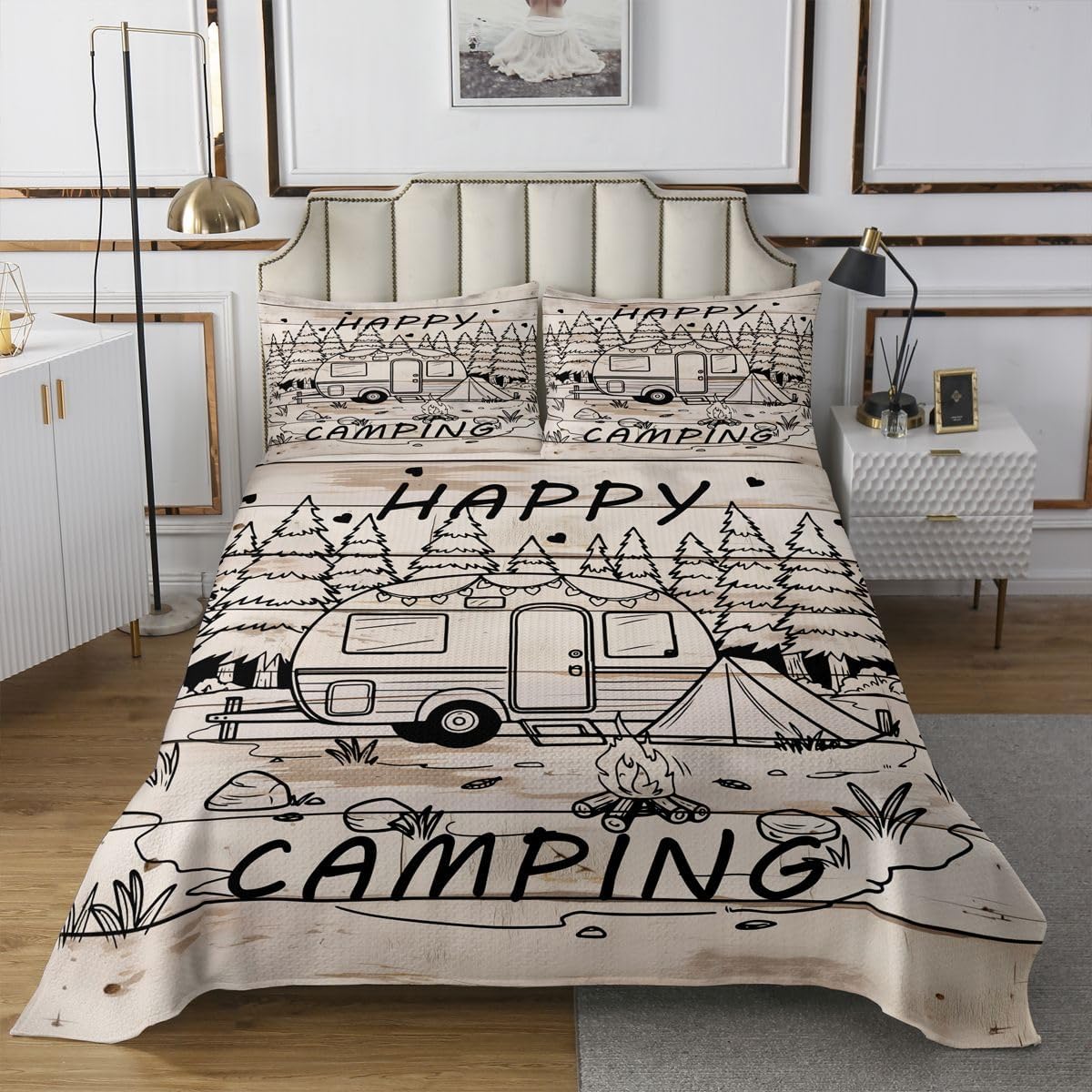 Homewish Vintage RV Quilt Sets Queen Size,Ocean Surfing Bedspread 3Pcs for Kids Teens Youth Room Decor,Camp Tent Bedding Sets Happy Camping Coverlet,2 Pillowcases