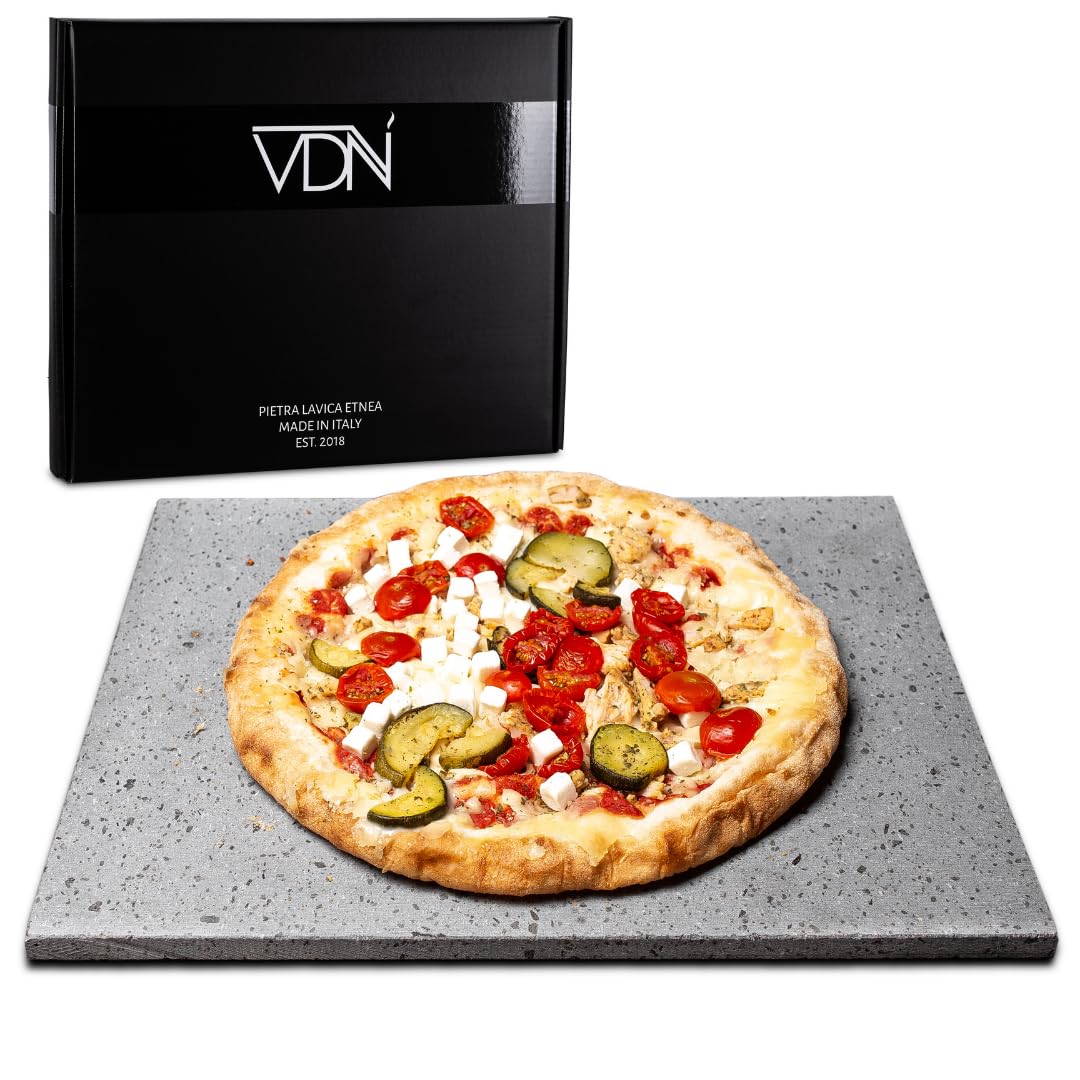 VDN Pizzastein für Backofen - Pizzastein Gasgrill [Italien-Lavastein, Hitzebeständig] - Geeignet als Backstein und Grillstein - Rechteckig [für 28-29cm Ø Pizzen]