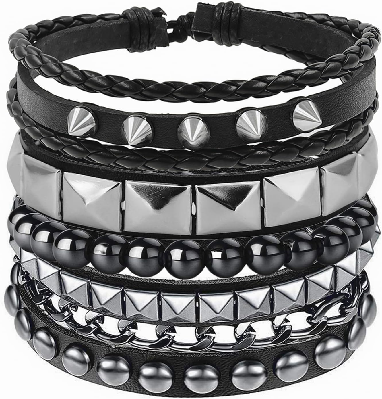 4 Pcs Leather Studded Bracelets for Women, Mens Spiked Punk Rock Grunge Cuff Wristbands Emo Accessories Set for 80s 90s Outfits