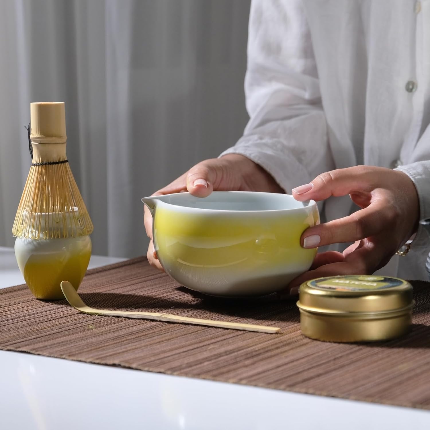 Matcha Set with Bowl – Japanese Matcha Whisk Set with Ceramic Matcha Bowl, Bamboo Whisk (Chasen), Matcha Sifter, Scoop, Whisk Holder, Bamboo Spoon & Tea Tray – Traditional Matcha Tea Ceremony Kit