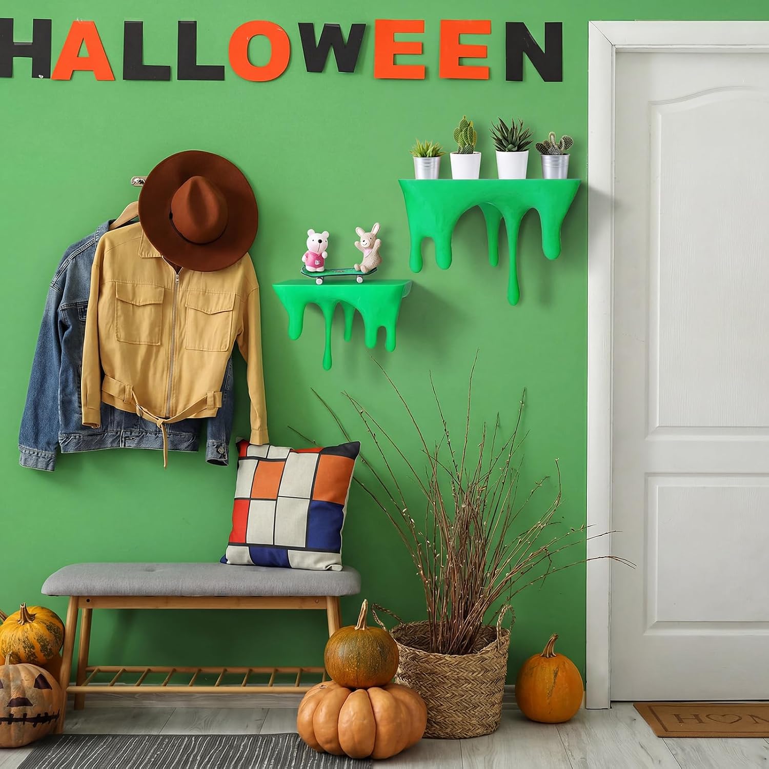 Pinkunn 3 Pcs Dripping Wall Shelf, Modern Floating Shelf for Home Decor | Green Halloween Gothic Alternative Floating Shelves Slime Design for Gaming Room Decor