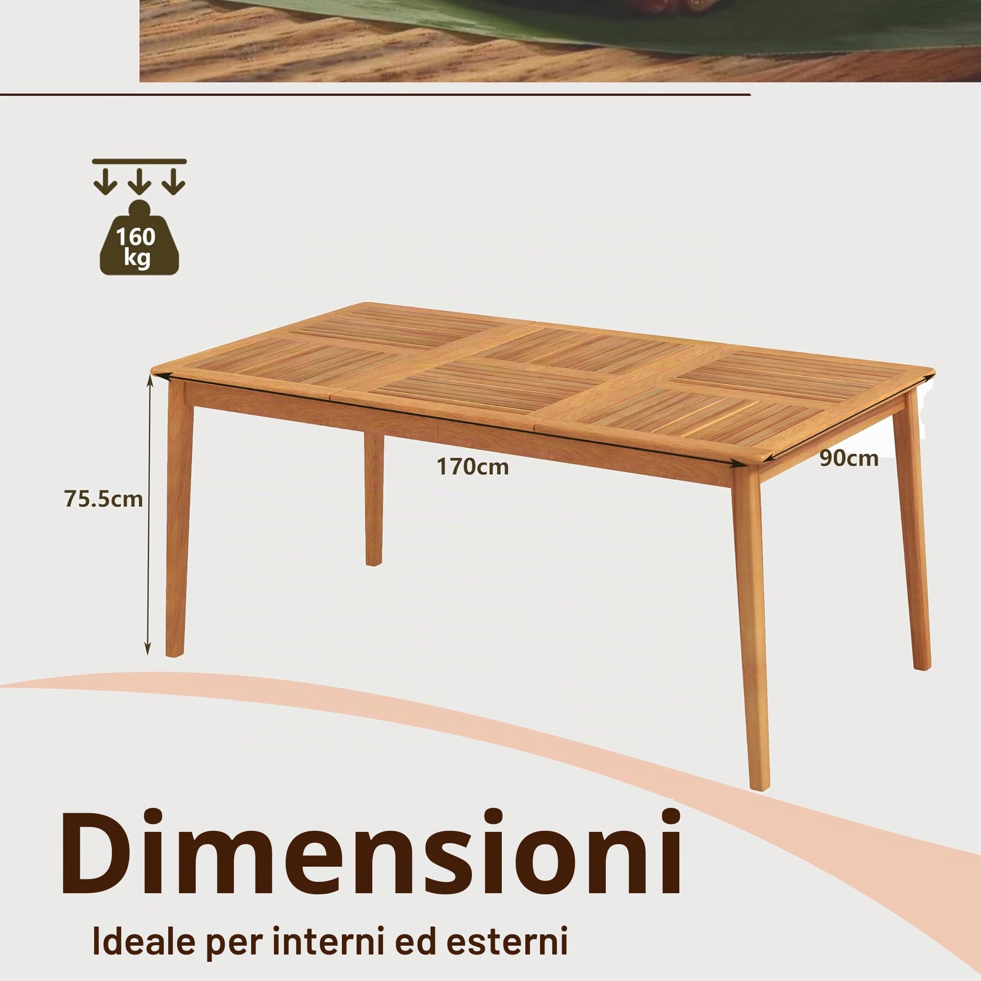 GIANTEX Tavolo da pranzo da giardino con foro per ombrellone, Ø 5 cm, tavolo da esterno rettangolare in legno di acacia per 6 persone, per terrazza, patio, 170 x 90 x 75,5 cm