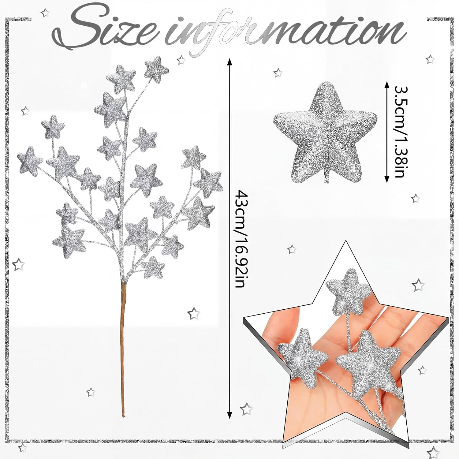 6 Pcs Glitter Star Picks 17.7 Inch Sparkly Star Tree Stem Picks Twinkle Sticks Foam Vase Table Craft Decoration for Christmas Birthday Party Wedding Centerpieces(Silver)