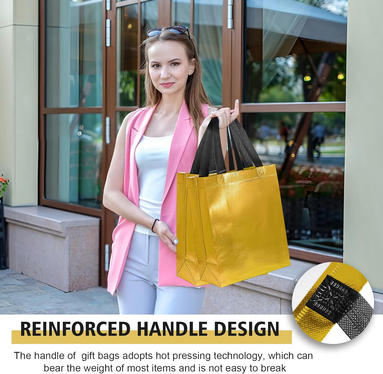 【18-Pack Golden】 Reusable Gift Bags with Handles, Bulk Goodie Bags for Valentines Day, Baby Shower, Birthday, Party Favors, Wedding, Holiday Goodie | 8x4x10 Inches | 18 Premium Golden Bag | Eco-Friendly - Image 4