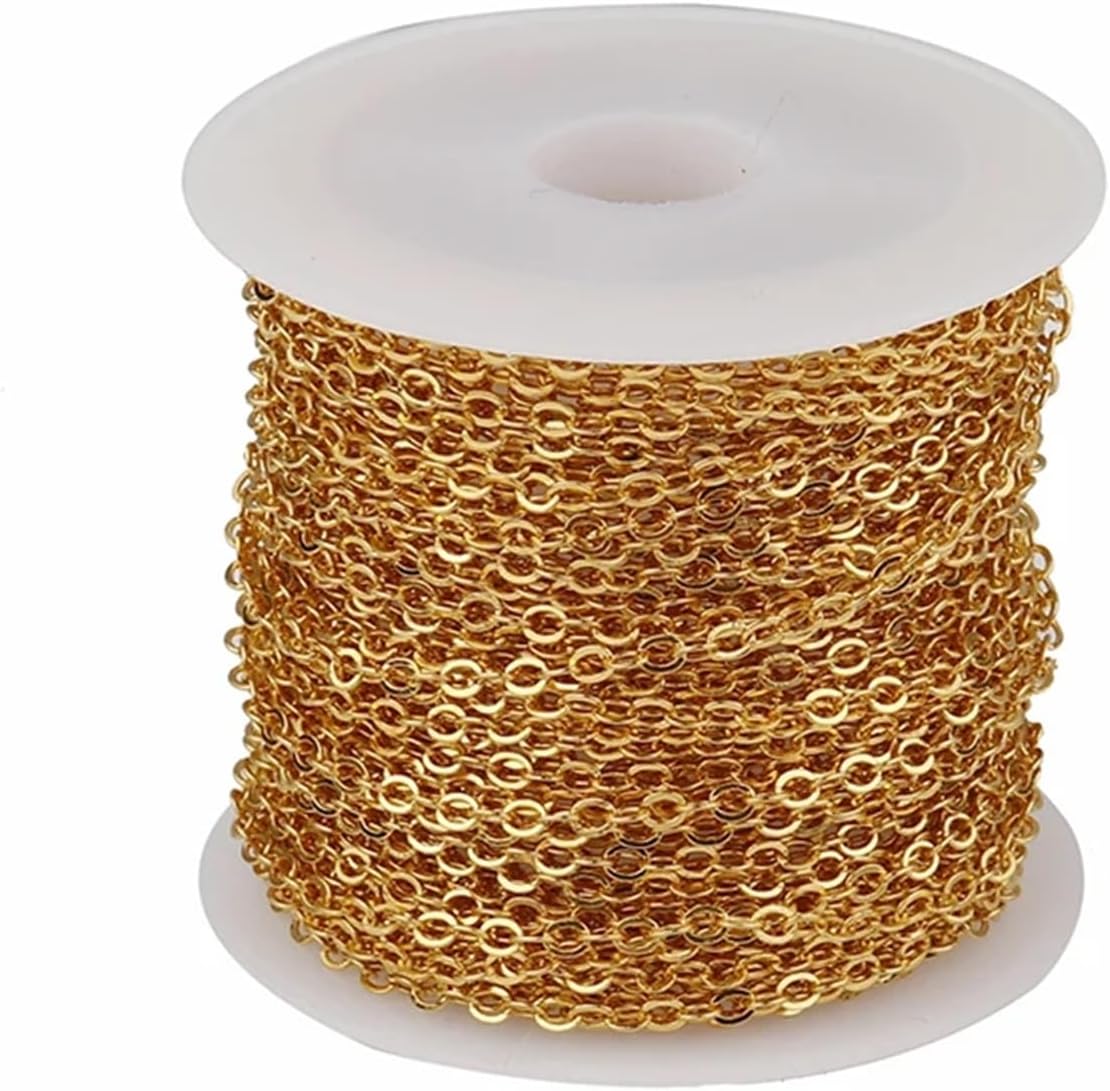 Metal Iron Necklace Chains 5pcs 10yard/roll Copper Clad Iron O-Shaped Flat Cross Chain Jewelry Clothing Hat Bag Accessories for Jewelry Making DIY Craft Supplies(Gold,2.5x3mm)