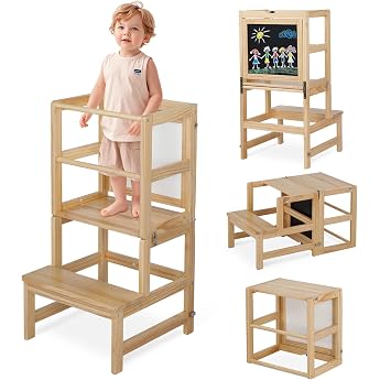 Bonnlo Learning Tower with Rotating Board for Children, Learning Tower Foldable from 1 Year, Children's Chair Made of Wood, f