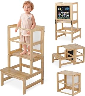 Bonnlo Lernturm mit drehbarer Tafel für Kinder, Lernturm klappbar ab 1 Jahr, Kinderstuhl aus Holz, für Küche und Bad, 45x45x84cm (Natur)