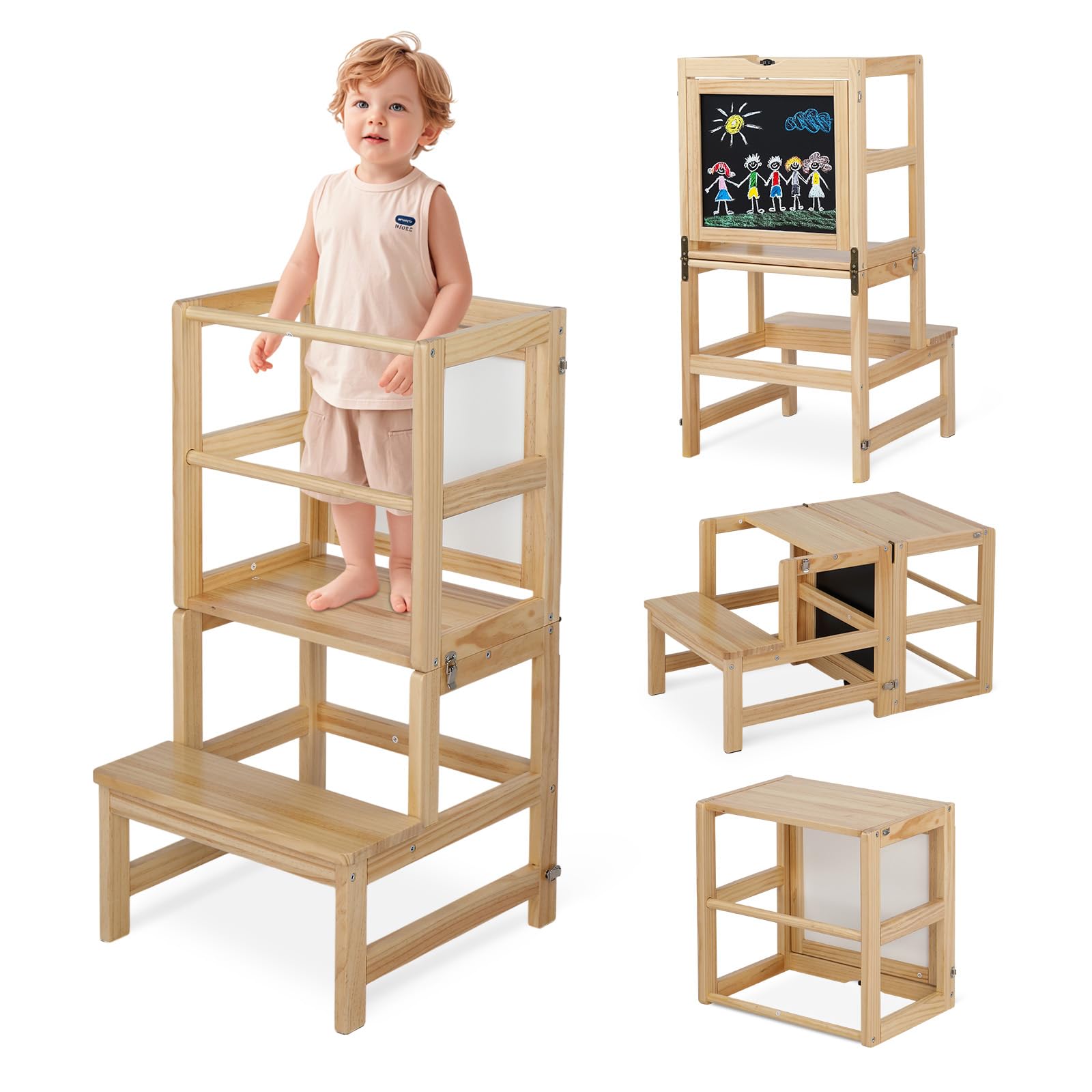 Tour d'Observation Enfant Bonnlo, Tour d'Apprentissage en Bois Montessori pour Enfants à partir de 18 Mois (Nature)